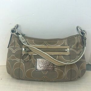 Signature Poppy Shoulder Satchel Gray Silver Canvas & Leather Cross Body Bag
